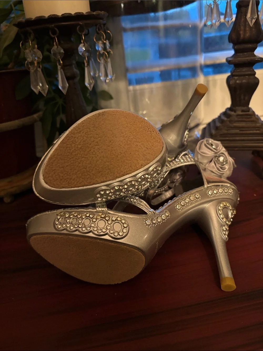 Glamour Silver Crystal-Strap Floral Accent High Heel Sandals